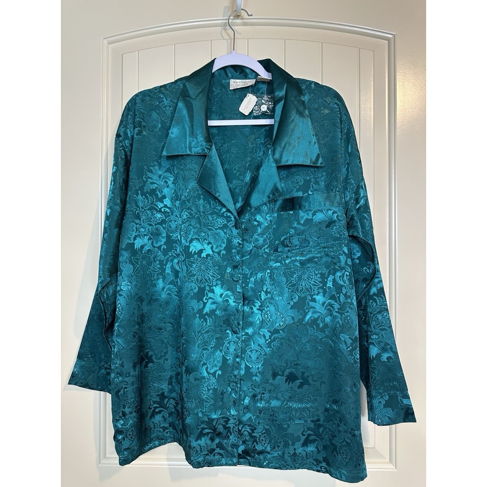 VINTAGE Victorias Secret Gold Label Womens Sz M Green Satin long sleeve New